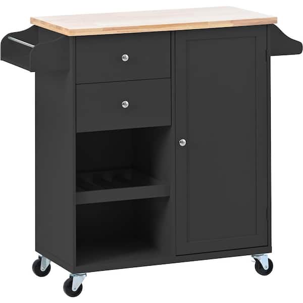 Polibi Black Kitchen Cart with Spice Rack, Towel Rack and 2-Drawers, Rubber wood top, Kitchen Island with 5-Wheels