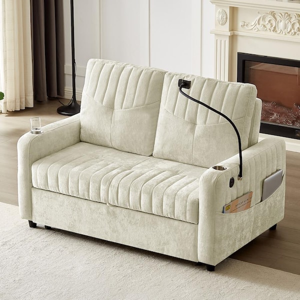 65 in. Chenille Black Full Size Convertible 2-Seat Sleeper Sofa Bed with Adjsutable Back and Arm Pocket