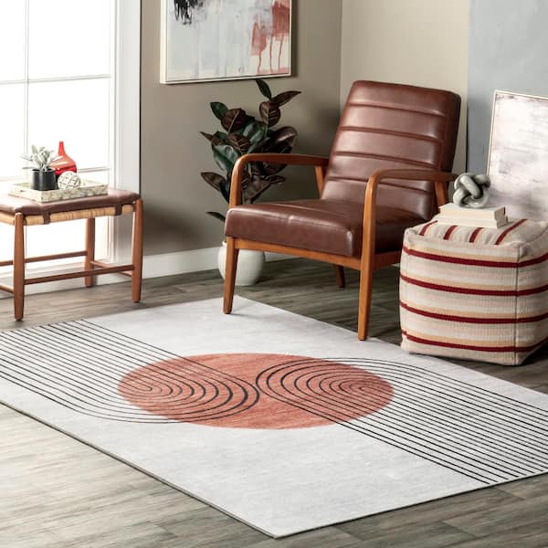 Martine Abstract Sun Machine Washable Dusty White 6 ft. Round Modern Area Rug