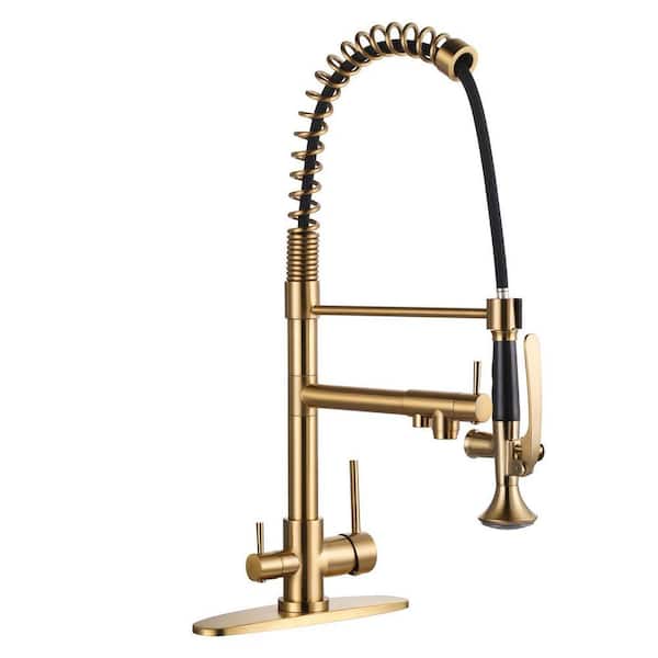22.3 in. H Single Handle Pull Down Sprayer Kitchen Faucet with 360 Degree Spout Swivel and Pot Filler in Brushed Gold