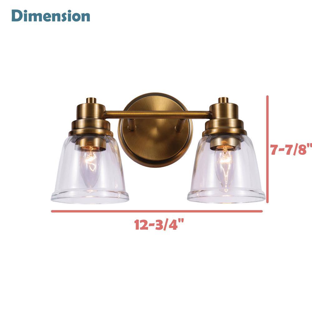 Warm Brass and Clear Glass 2-Light Vanity Fixture