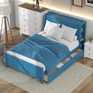 Blue Wood Frame Full Size Platform Bed with 4-Drawers and 6-Storage Shelves