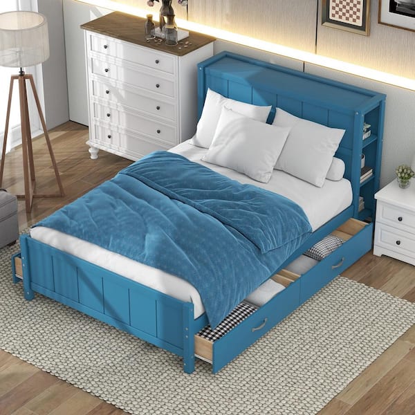 Harper & Bright Designs Blue Wood Frame Full Size Platform Bed with 4-Drawers and 6-Storage Shelves