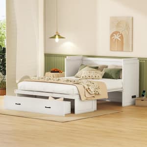 White Wood Frame Queen Size Murphy Bed with USB Ports and 2-Drawer