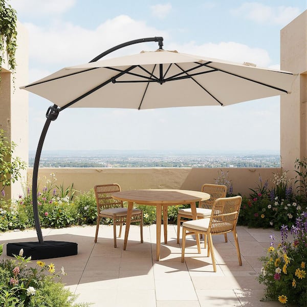86 lbs brown patio umbrella base with hidden wheels Outsunny 3-in-1 Outdoor Umbrella Base, Coffee End Table, Flower Box Planter, 175lbs Capacity Patio Umbrella Stand Table with Wheels and Handles, Brown
