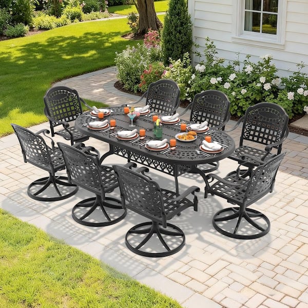 Black 9-Piece Cast Aluminum Outdoor Dining Set with 8 Swivel Rockers with Blue Cushion and 81.89 x 41.34 in. Oval Table