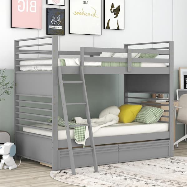 Harper And Bright Designs Elegant Gray Twin Over Twin Wood Bunk Bed With 2 Drawers Qmy044aae T 4669