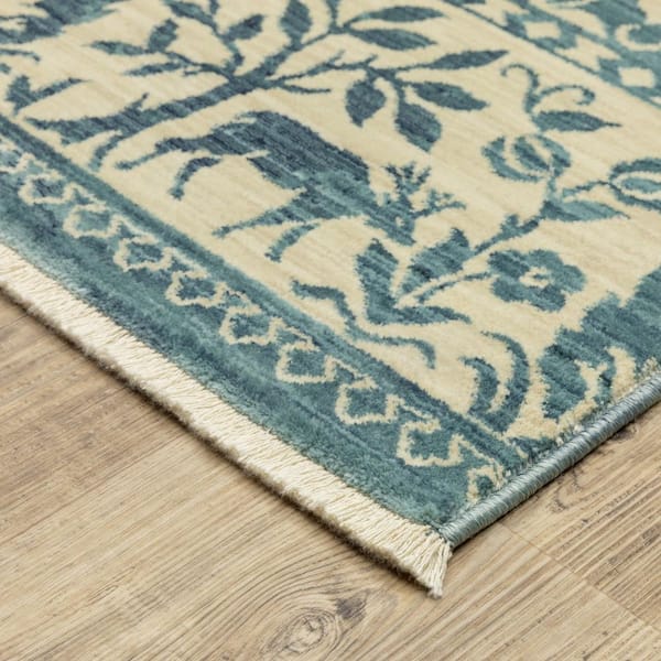 2' X 3' Beige Blue And Yellow Wool Oriental Hand Knotted Area Rug With Fringe