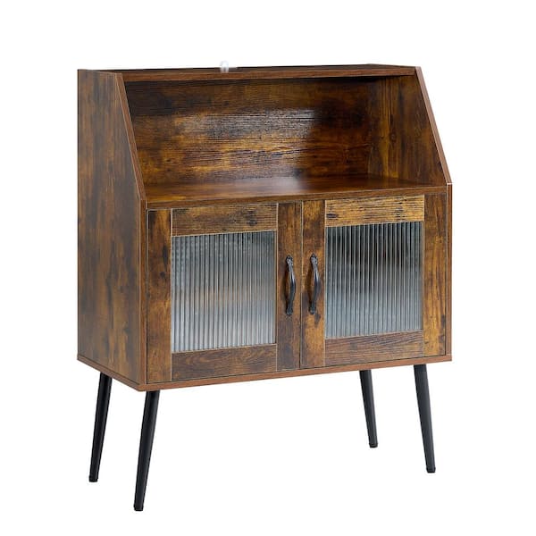 Unbranded 31.5 in. W x 16 in. D x 40 in. H Brown Linen Cabinet Buffet Sideboard with 2-Glass Doors and Open Shelf