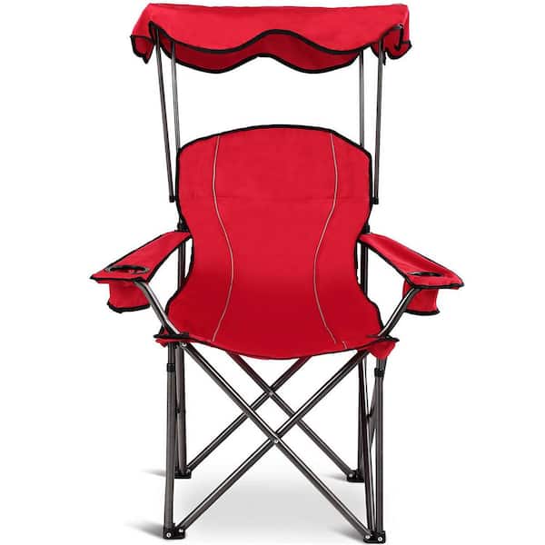 Red Portable Folding Beach Canopy Chair with Cup Holders Bag Camping Hiking Outdoor
