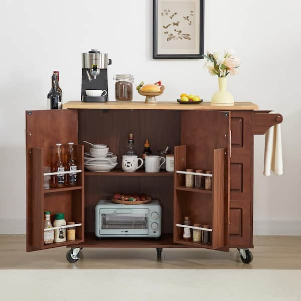 Retro Brown Wood 53.8 in. Rolling Barn Door Drop Leaf Kitchen Island Cart with Storage Cabinet and Tower Rack