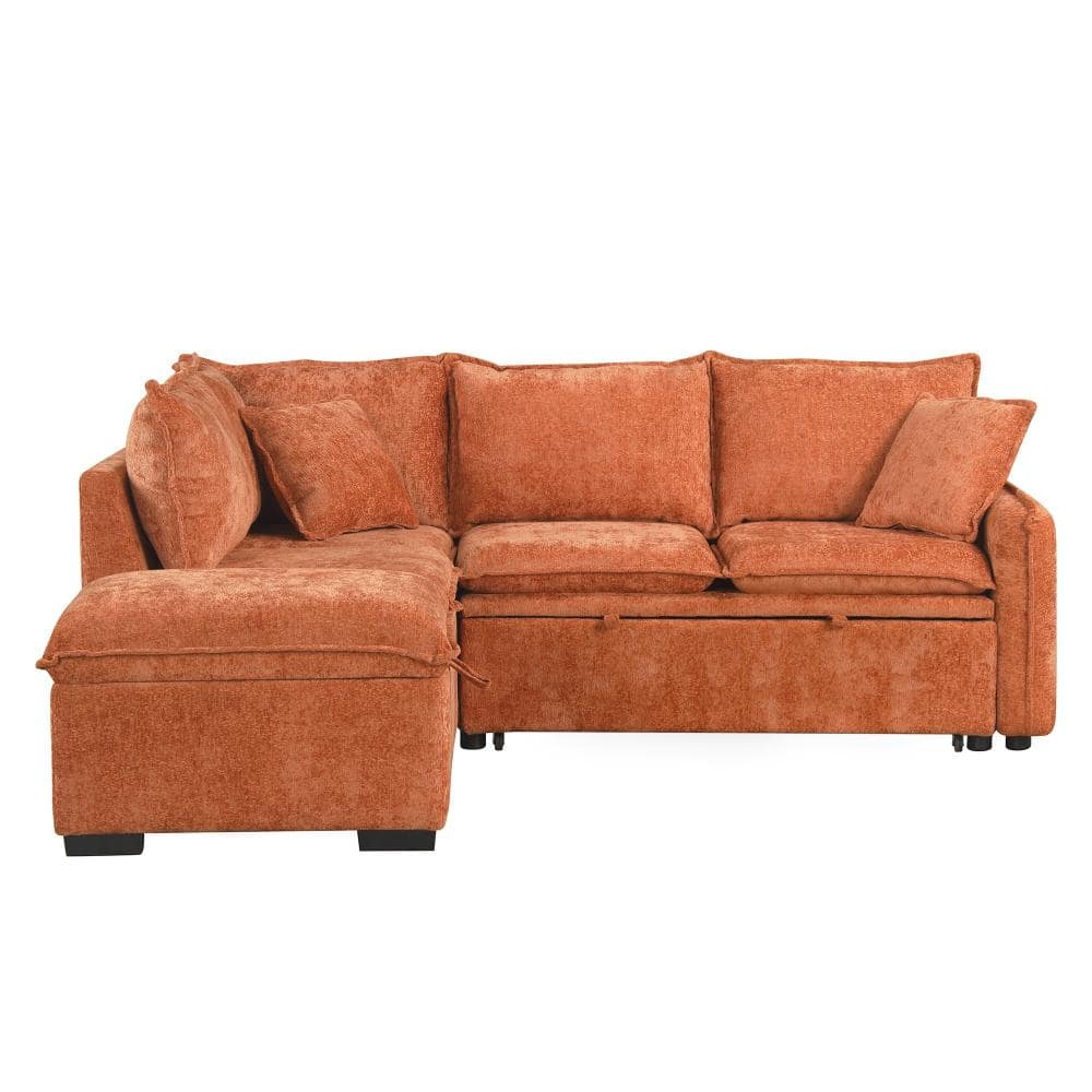 82.67 in. Orange Chenille L-Shaped Convertible Sofa Bed with Storage Ottoman, USB Ports, and Pillows for Living Room
