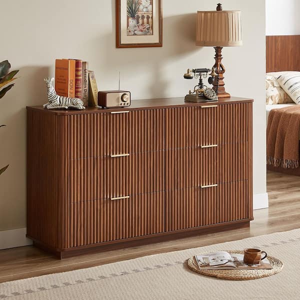 Relic Modern Brown 6-Drawers 55.12 in. Chest of Drawers with Metal Handle, Curved Wave Design, Dresser TV Stand, Walnut