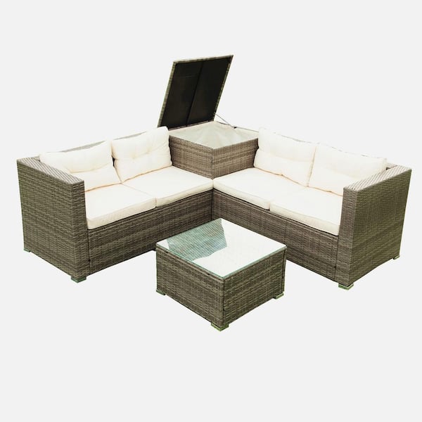 Zeus & Ruta 4-Piece Wicker Rattan Outdoor Patio Conversation Sectional Sofa Seating Set with Beige Cushions, Storage Box and Table