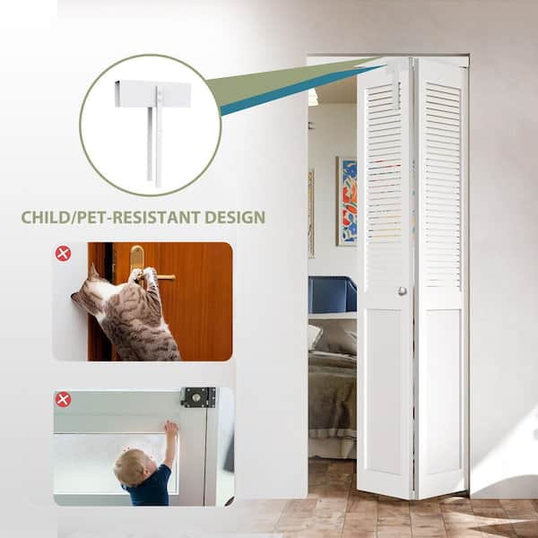 64 in. x 80 in. Half-Panel Louver Solid Core White PVC Covering MDF. Wood Bi-fold Door with Lock, Handle & Hardware Kit