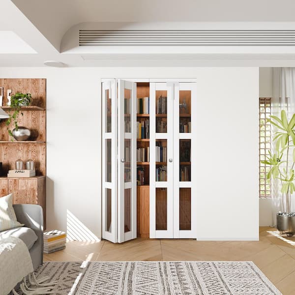 48 in. x 80 in. 3-Lite Clear Glass Solid Core White PVC Covering MDF Bi-fold Door with Door Lock and Handle
