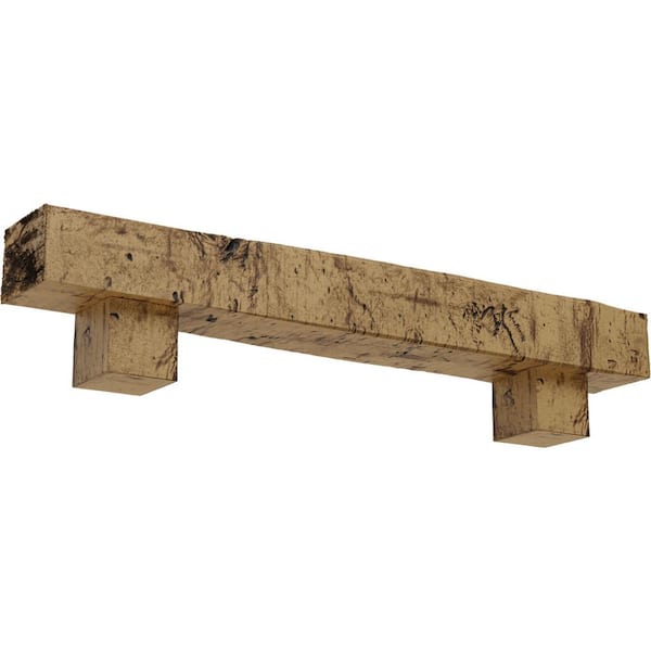 Ekena Millwork 8 in. x 10 in. x 4 ft. Knotty Pine Faux Wood Fireplace Mantel Kit, Alamo Corbels, Natural Golden Oak