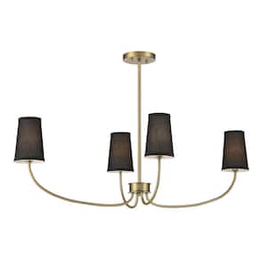 38 in. W x 19 in. H 4-Light Natural Brass Chandelier with Black Fabric Conical Shades and Curved Arms