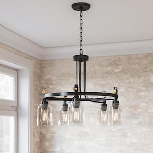 Knollwood 30 in. 5-Light Black Bronze with Brass Accents Industrial Round Chandelier for Kitchens