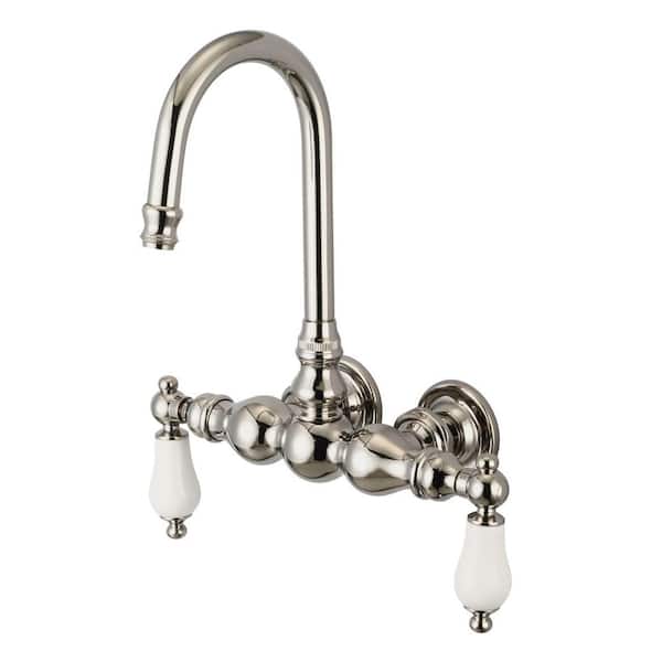 Water Creation 2-Handle Wall-Mount Gooseneck Claw Foot Tub Faucet with Porcelain Lever Handles in Polished Nickel PVD