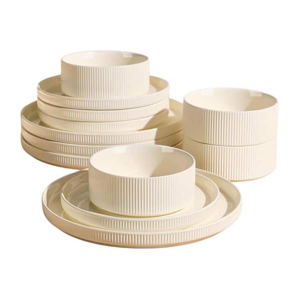 12-Piece Beige Ceramic Dinnerware Set, Lightweight Plates and Bowls Sets, Microwave and Dishwasher Safe, Service for 4