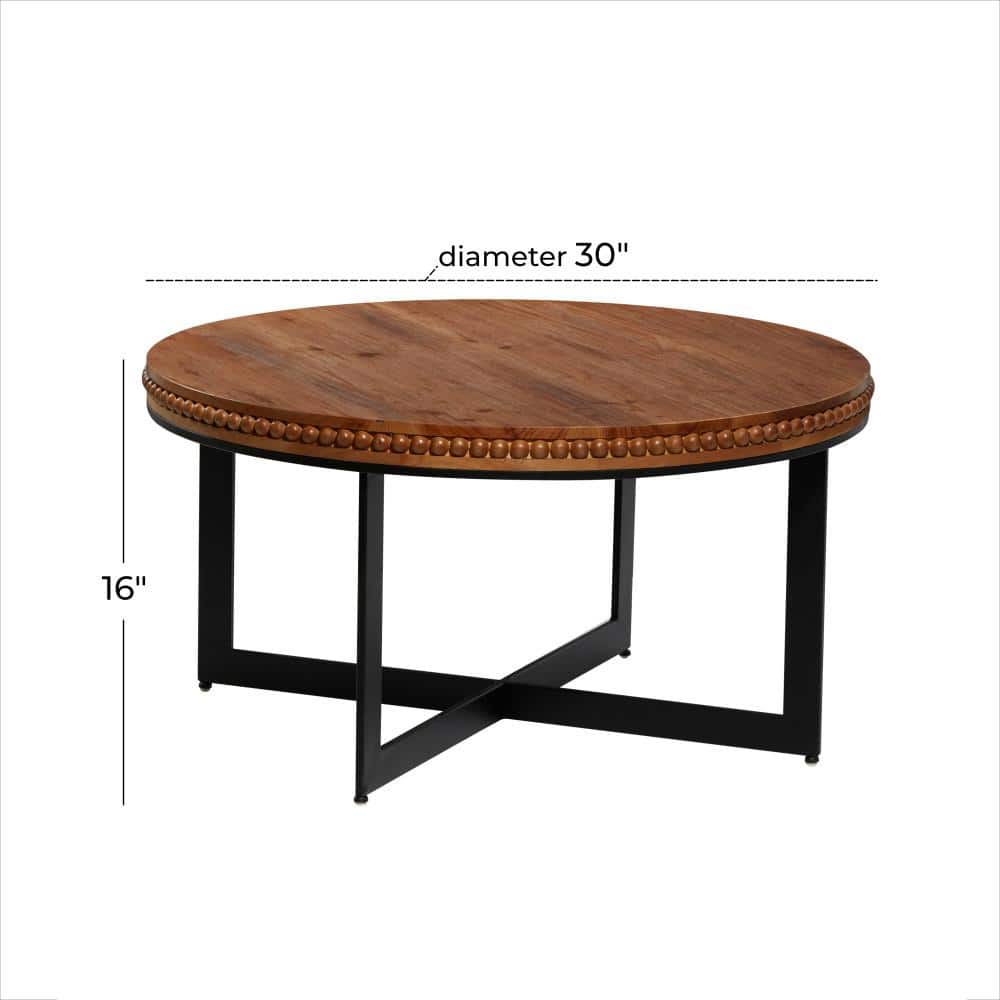 Beaded Edge Brown Wood Round Coffee Table with Metal Accents