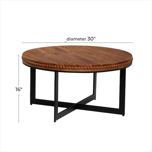 30 in. Brown Medium Round Wood Beaded Coffee Table with Metal X-Shaped Base
