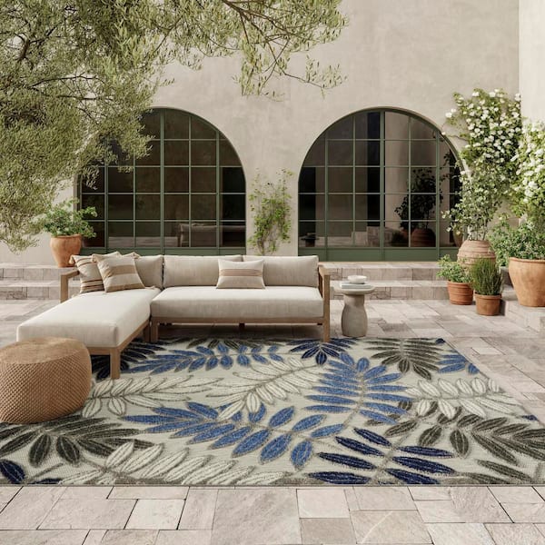 Aloha Grey Blue 9 ft. x 12 ft. Botanical Contemporary Indoor/Outdoor Area Rug