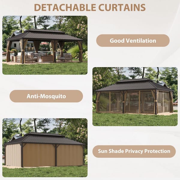 14 ft. x 22 ft. Double Galvanized Steel Roof Aluminum Frame Outdoor Patio Hardtop Gazebo with Netting and Curtains