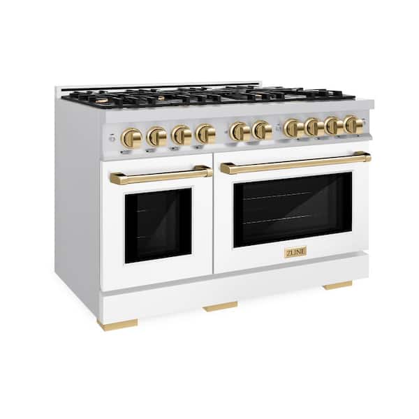 Select 48 in. 8-Burner Gas Range with Double Oven in Stainless Steel, Matte White, and Polished Gold