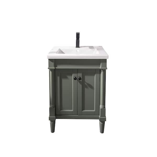 Unbranded Solid Wood 24 in. Freestanding Pewter Green Sink Bath Vanity with White Ceramic Top Assembled