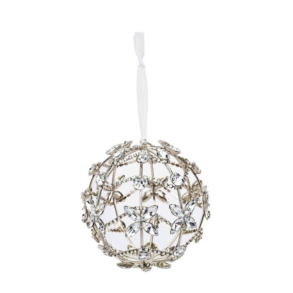 Handcrafted Silver Crystal Floral Chain Wrapped Globe Christmas Ornament (4