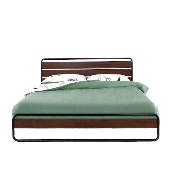 Zinus Therese Brown 32 in. Queen Metal Platform Bed with Wood Slat Support