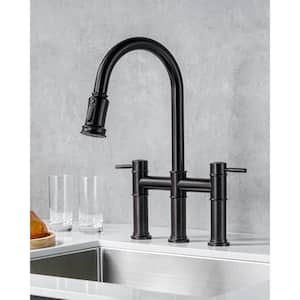 3 Holes Double Handle Bridge Kitchen Faucet with Pull Down Sprayer and Supply Lines in Oil Rubbed Bronze