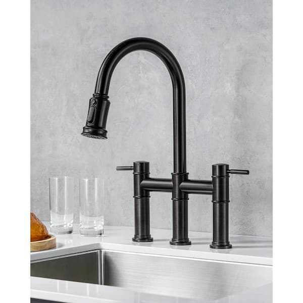 3-Hole Double Handle Brass Bridge Kitchen Faucet with 3-Mode Pull Down Sprayer and Supply Lines in Oil Rubbed Bronze