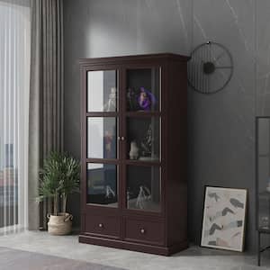 70.9 in. H Brown Wood 2-Acrylic Door Accent Cabinet with 3-Tier Shelves and 2-Drawers Storage Cabinet Bookshelf Cupboard