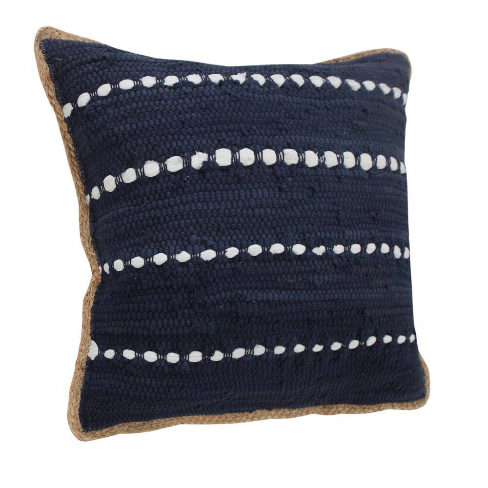Navy and White Striped Cotton Jute Square Throw Pillow
