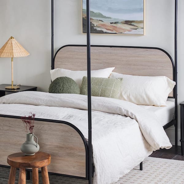Industrial Gray Metal Frame Queen Canopy Bed with Wood Headboard and Footboard