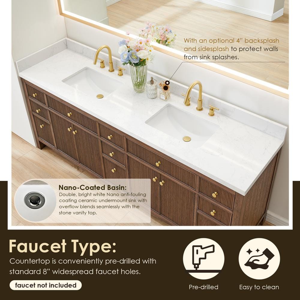 Cerrito 84" Brown Oak Double Vanity with White Stone Top
