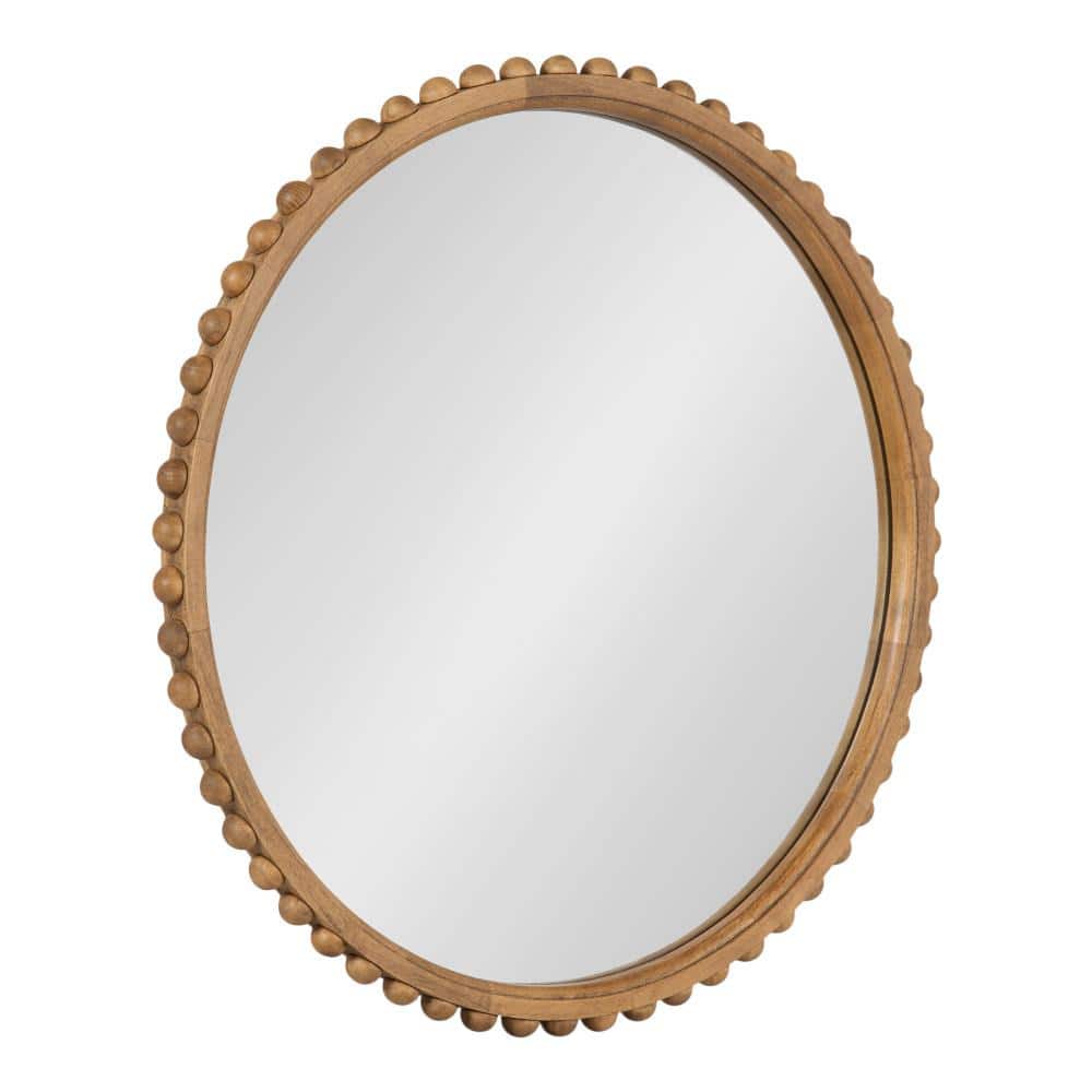 Rustic Brown Beaded Round Wood Wall Mirror, 24 Inch