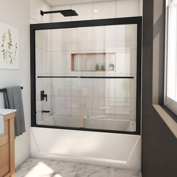 DreamLine Duet Plus 55- 59 in. W x 58 in. H Sliding Semi Frameless Tub Door in Satin Black