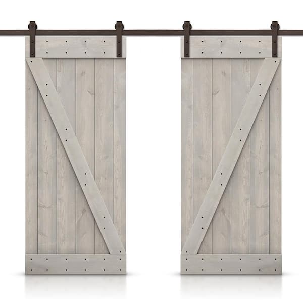 CALHOME Z 84 in. x 84 in. Bar Series Silver Gray Stained DIY Solid Pine Wood Interior Double Sliding Barn Door with Hardware Kit