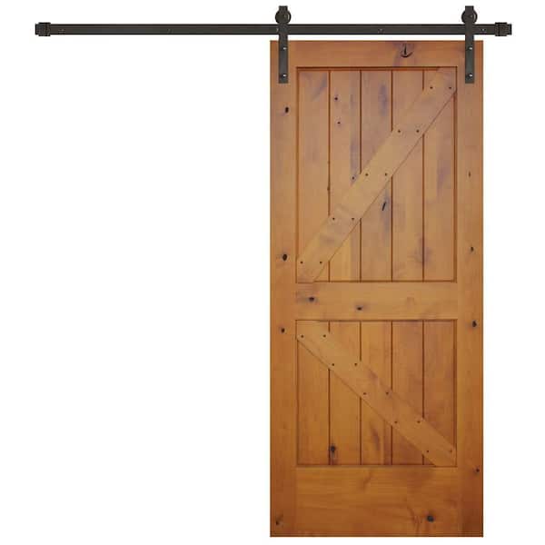 Pacific Entries 36 in. x 84 in. Rustic Prefinished 2-Panel Left Knotty Alder Wood Sliding Barn Door with Bronze Hardware kit