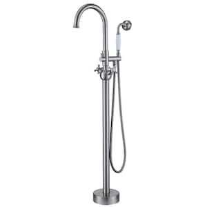 2-Handle Freestanding Floor Mounted Tub Faucet with Handheld Showerhead in Brushed Nickel