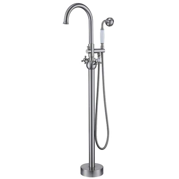 cadeninc 2-Handle Freestanding Floor Mounted Tub Faucet with Handheld Showerhead in Brushed Nickel