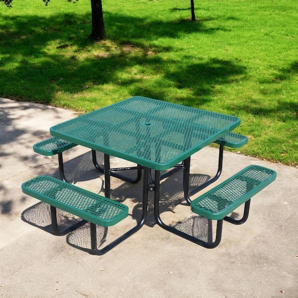 Outdoor 79 in. Thermoplastic Coated Square Steel Picnic Tables 8-Person with Umbrella Hole, Patio Dining Table, Green
