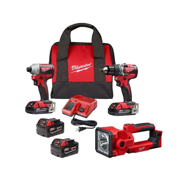 Milwaukee M18 18V Lithium-Ion Brushless Cordless Compact Drill/Impact Combo Kit (2-Tool) W/LED Search Light, Two 3.0Ah Batt