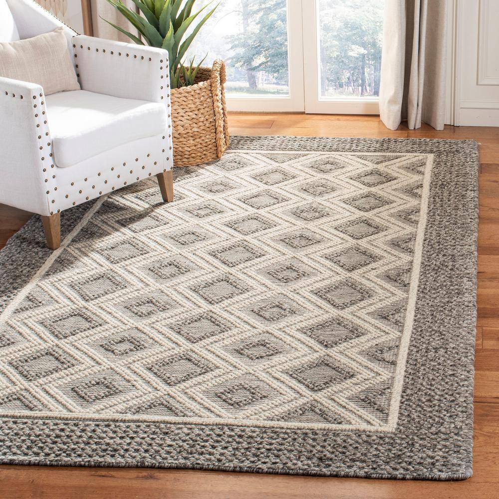 Grey and Ivory Geometric Wool 9' x 12' Handmade Area Rug