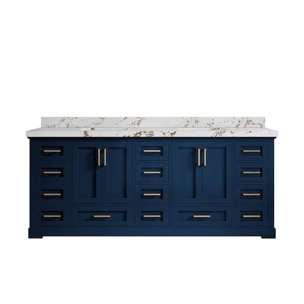 Willow Collections Boston 84 in. Double Sink Freestanding Navy Blue Bath Vanity with Viola Brown Qt. Top Unassembled