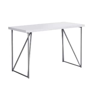 48 in. Rectangular White/Silver Writing Desk with Open Storage